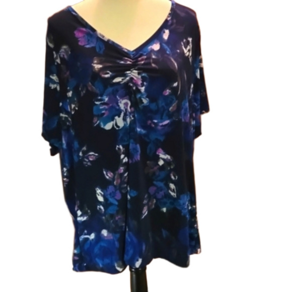 ♥️5 for $25♥️ Vintage Jaclyn Smith plus size 3X top blue w\ pink & white print - Picture 1 of 10
